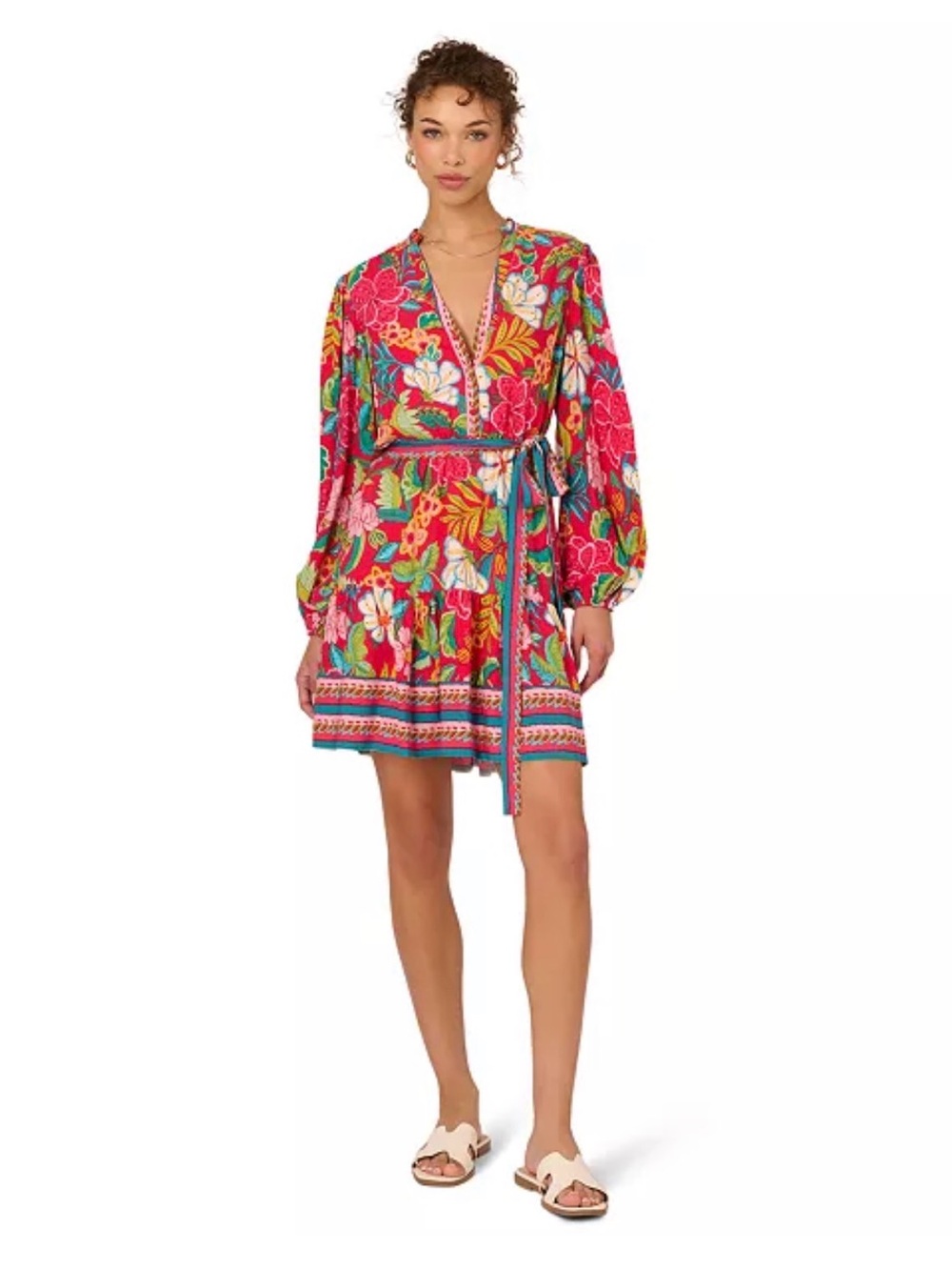 Adrianna Papell Tropical Floral Dress Tie Waist V Neck Long Sleeve Mini Red 8 - Picture 9 of 14